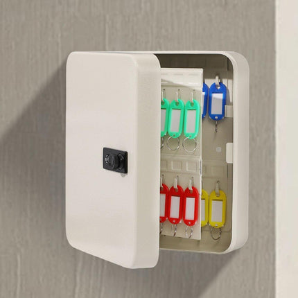 Key cabinet with colorful keys on a gray wall