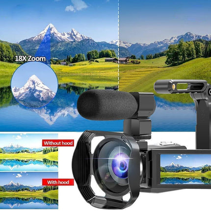 Camera with 18X zoom feature displayed against a scenic mountain backdrop