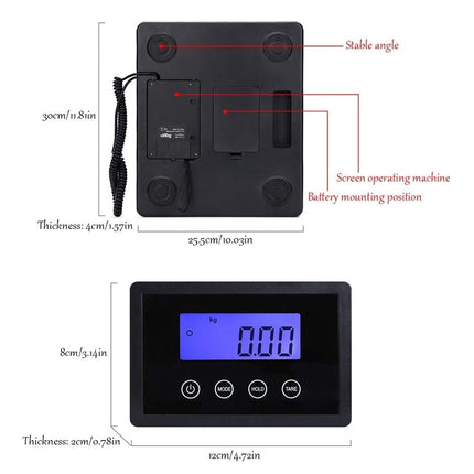Measurement chart of a digital display device with labeled dimensions and features.