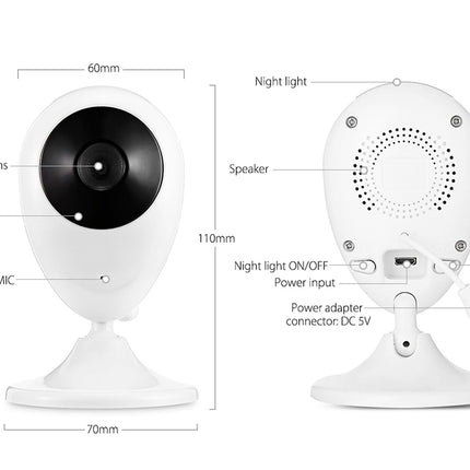 White security camera with labeled parts and dimensions on a white background