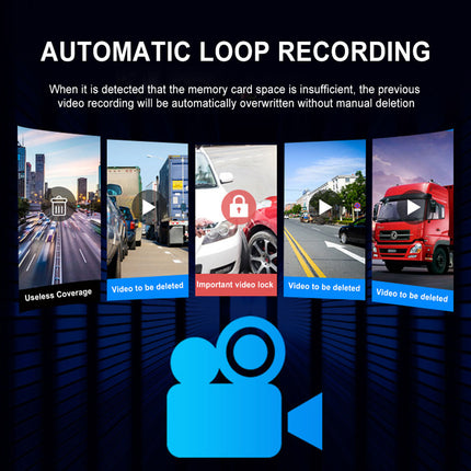Advertisement for automatic loop recording with video clips and text on a dark background