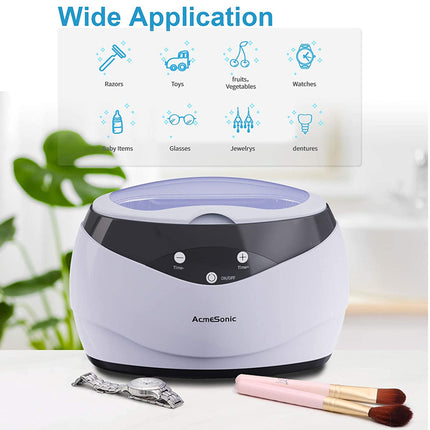 Academic ultrasound cleaner with cleaning items on a white background