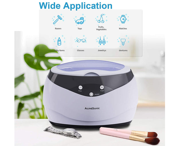 Academic ultrasound cleaner with cleaning items on a white background