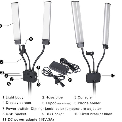 An exploded product diagram of a smart LED light stick with a flexible gooseneck arm, a black console base, a phone holder, and a DC power adapter, labeled with numbered callouts and a text legend on a white background.