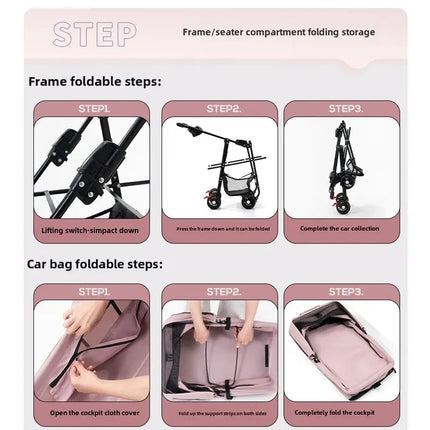 Instructions for folding a frame and car bag on a white background