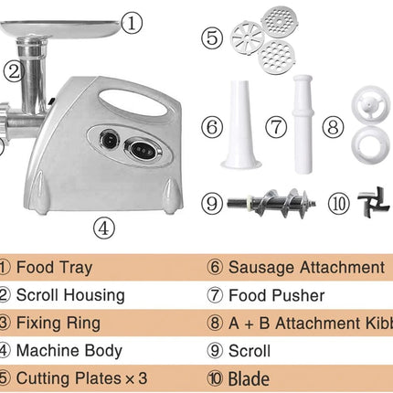 Electric meat grinder with labeled parts on a white background