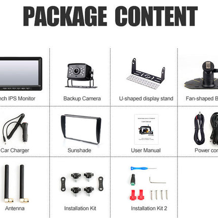 List of package contents for a car stereo system including monitor, camera, stand, bracket, charger, sunshade, manual, power cords, antenna, and installation kits.
