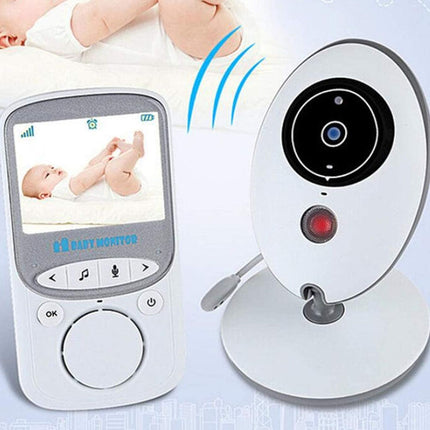 Baby monitor with screen displaying a baby and camera on a light blue background