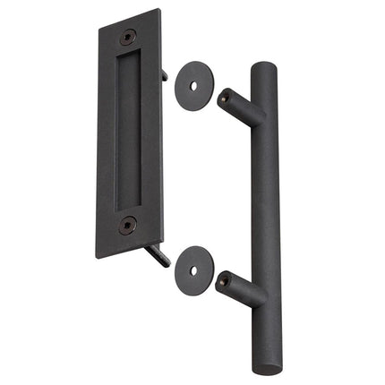 Black door handle and lock mechanism on a white background