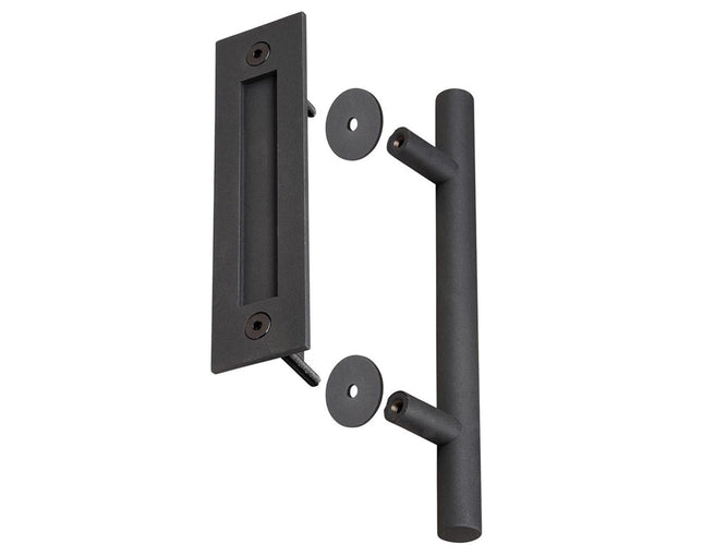 Black door handle and lock mechanism on a white background