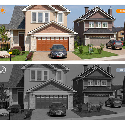 Comparison of a color photo and its black and white version of a house with a car in the driveway.