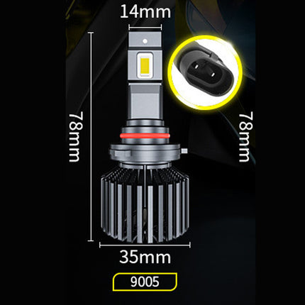 A 9005 LED car headlight bulb with dimension annotations showing a total length of 78mm, a width of 35mm, a lens diameter of 14mm, and an inset circle highlighting the socket interface.