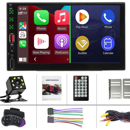 Car multimedia system with touchscreen display, camera, and accessories on a white background