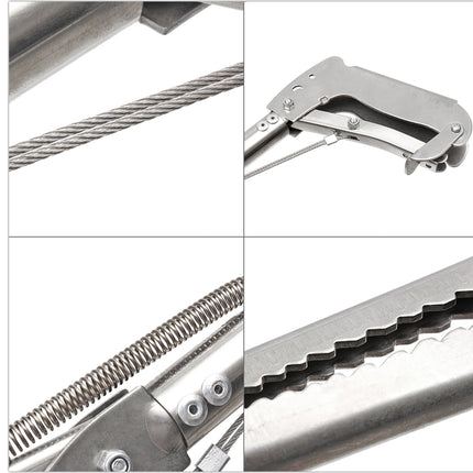 Close-up of a metal cable pulley system on a white background