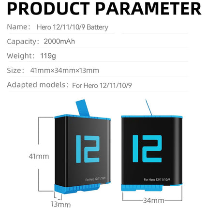 Product parameter diagram for a Hero 12/11/10/9 battery, showing front and side views with dimensions 41mm, 13mm, and 34mm, plus text listing capacity 2000mAh, weight 119g, and adapted models.