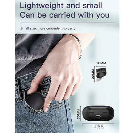 Hand placing a small black device into a pocket with text about its lightweight and small size.