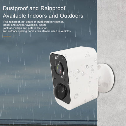 White security camera on a gray wall with raindrop effects and text about dustproof and rainproof features.
