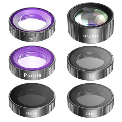 Set of camera lens filters including CPL, Macro, Purple, ND4, ND8 on a white background