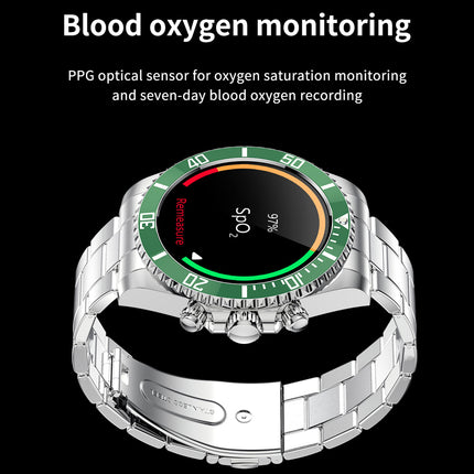 A silver stainless steel smartwatch with a round display showing blood oxygen monitoring graphics, set against a solid black background with white descriptive text at the top.