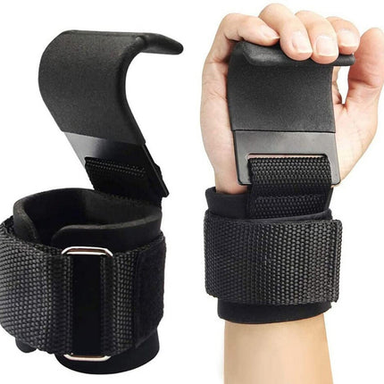 Black wrist support straps with metal buckles on a white background