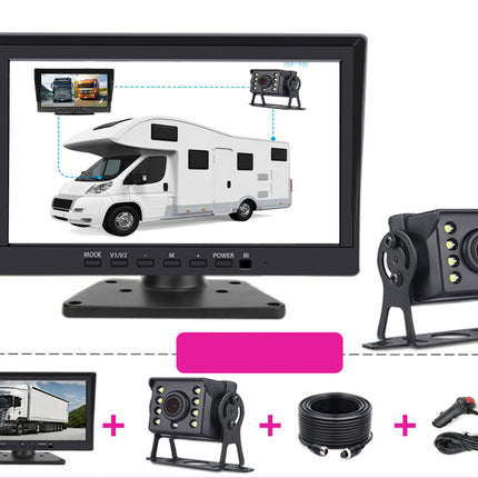 RV backup camera system with monitor and cameras on a white background