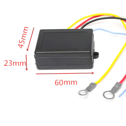 Black rectangular electrical box with wires and measurements on a white background