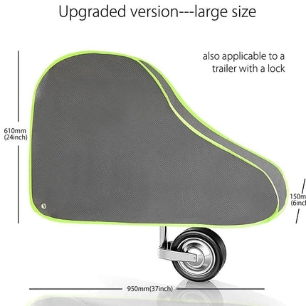 Gray bike cover with green trim and measurements on a white background