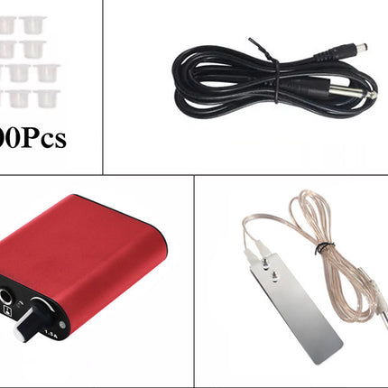 Collection of electronic components including a red device, cables, and small parts on a white background.