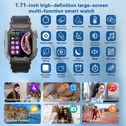 Smartwatch with various functions displayed on a blue background