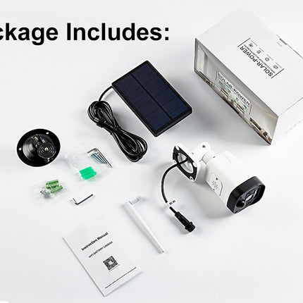 Package contents including a solar panel, camera, and accessories on a white background