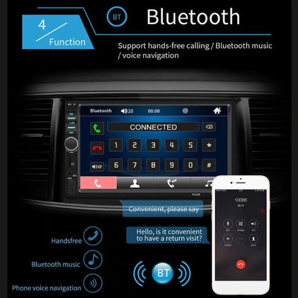 Car stereo system with Bluetooth functionality displayed on a screen, accompanied by a smartphone showing similar interface.