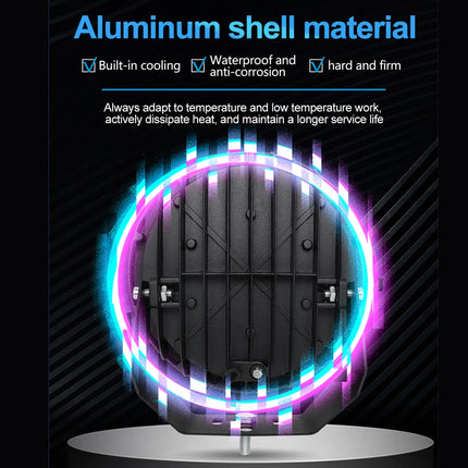 A black circular aluminum heat sink or cooling component displayed on a white pedestal against a dark background, with promotional text at the top reading 'Aluminum shell material' and feature bullet points about built-in cooling, waterproofing, and anti-corrosion.
