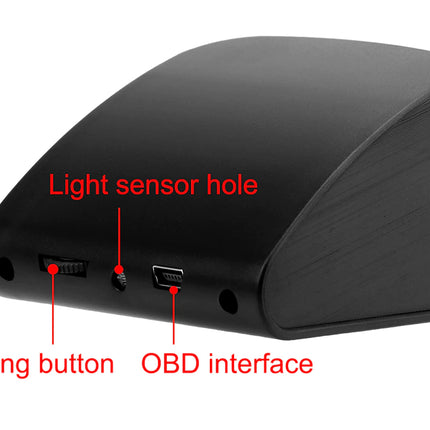 Black car antenna cover with red text labels pointing to a 'Setting button', 'Light sensor hole', and 'OBD interface' on a white background.