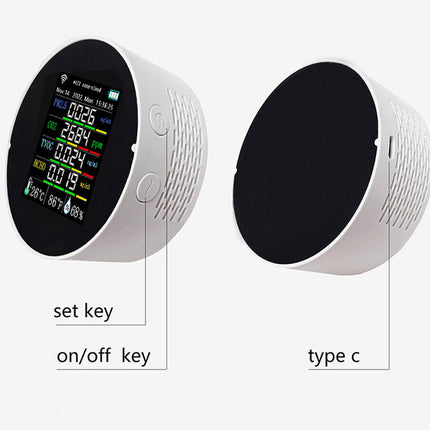 White electronic device with digital display and labeled keys on a white background