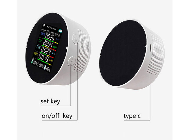 White electronic device with digital display and labeled keys on a white background