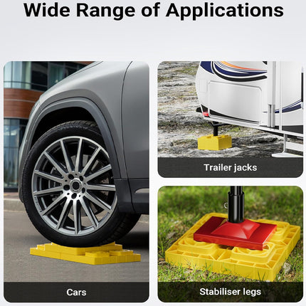 Promotional graphic showing the product in three application examples under the heading 'Wide Range of Applications': a yellow block under a car wheel, a yellow block supporting a trailer jack, and a yellow block with red pad on grass for stabiliser legs.