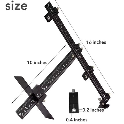 A black metal measuring tool with dimension annotations showing 16 inches, 10 inches, 0.2 inches, and 0.