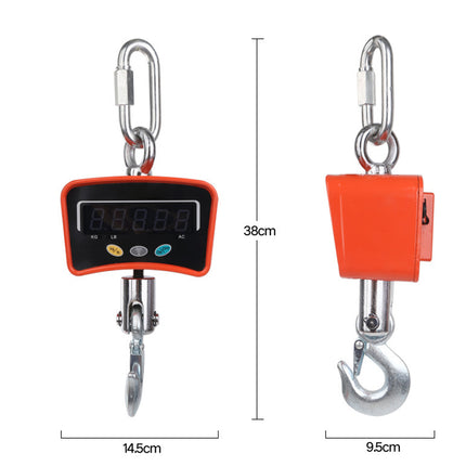 Digital hanging scale with measurement dimensions on a white background