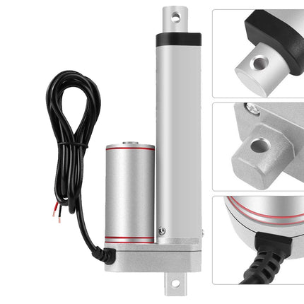 A silver and black linear electric hydraulic cylinder shown with its attached black power cable, alongside three detail inset images highlighting the mounting bracket, end cap, and connection area.