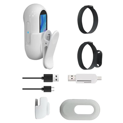 Set of electronic devices including a white earbud case, black band, USB cable, and charging adapter on a white background.
