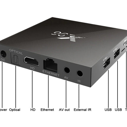 A black 3D TV receiver box with labeled ports and connectors, shown on a white background with callout lines identifying Power, Optical, HD, Ethernet, AV out, External IR, USB, and TF Card.