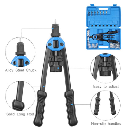 Riveting tool with features highlighted on a white background