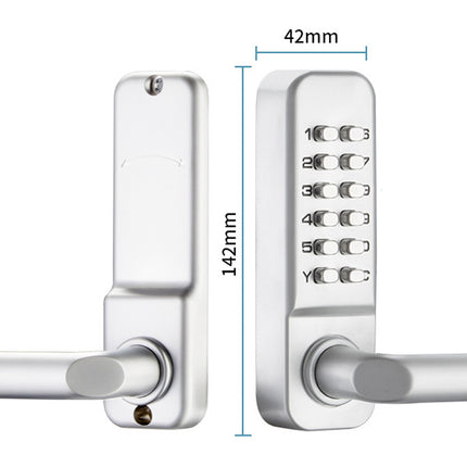 Silver door handle with electronic keypad lock and dimensions labeled