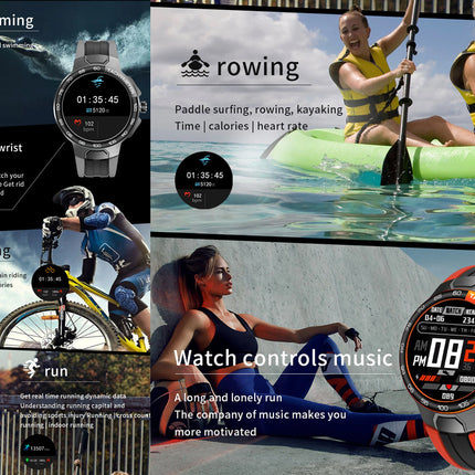 Collage of smartwatch features for swimming, rowing, cycling, and running with text and images.