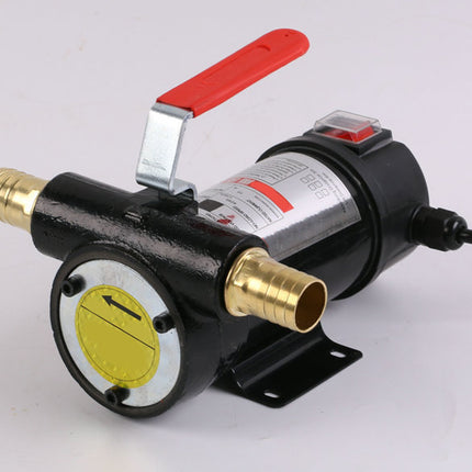 Pump with brass connectors and red handle on a white background