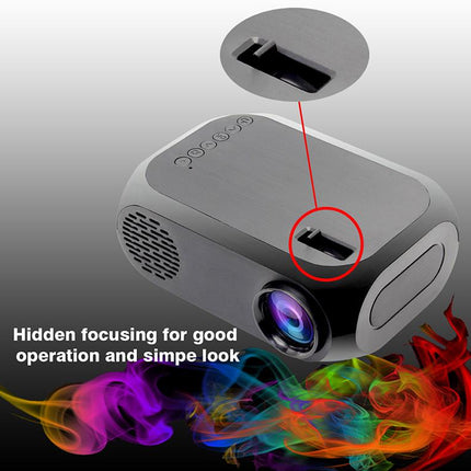 Projector with hidden focusing mechanism highlighted, colorful smoke effect in the background