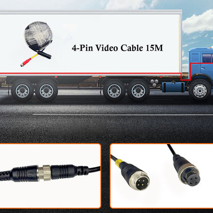 Truck with a display of a 4-pin video cable 15M, showing close-up images of the cable connectors.