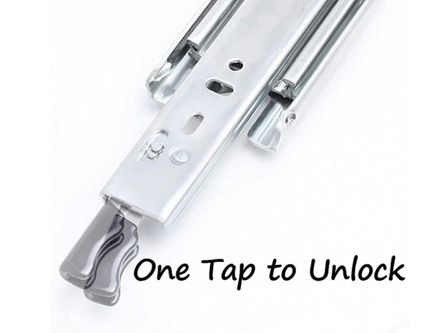 Metallic device with a lever and text 'One Tap to Unlock' on a white background