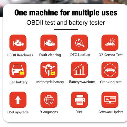 OBDII test and battery tester with various functions on a white background