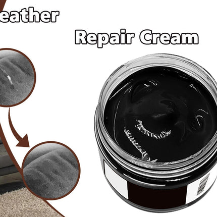 Jar of leather repair cream with before and after effects on a leather surface.